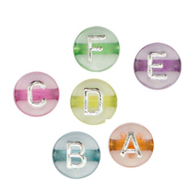 Buchstabenperlen transparent-bunt mit silberner Schrift 7mm 100 Stück (15g)