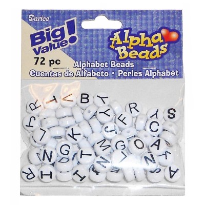 Weiße Buchstabenperlen mit schwarzer Schrift 10mm 72 Stück