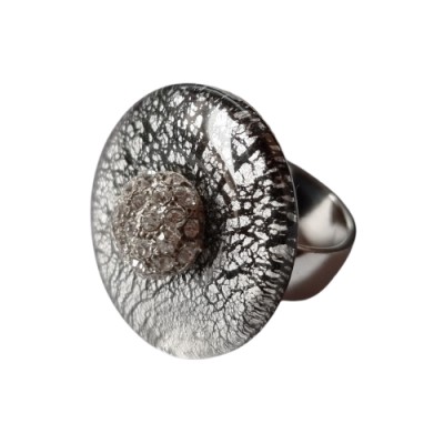 Wechselring mit Glasscheibe Crackleoptik schwarz-silber Größe 19
