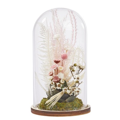 Glasglocke mit Holzboden und Trockenblumen