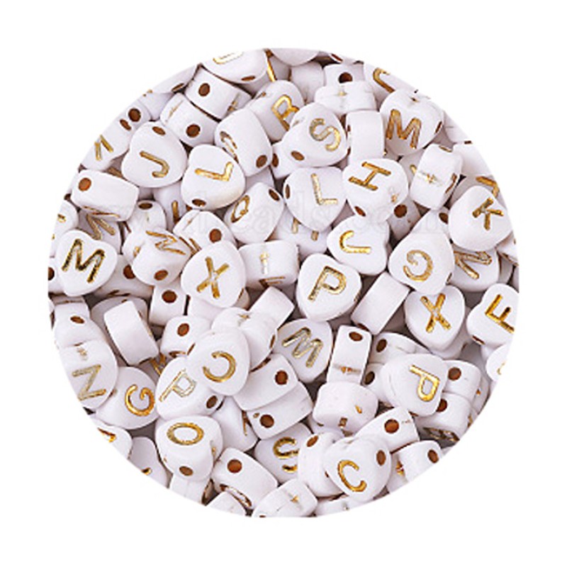 Buchstabenperlen Herz 7mm weiß-gold-100 Stück