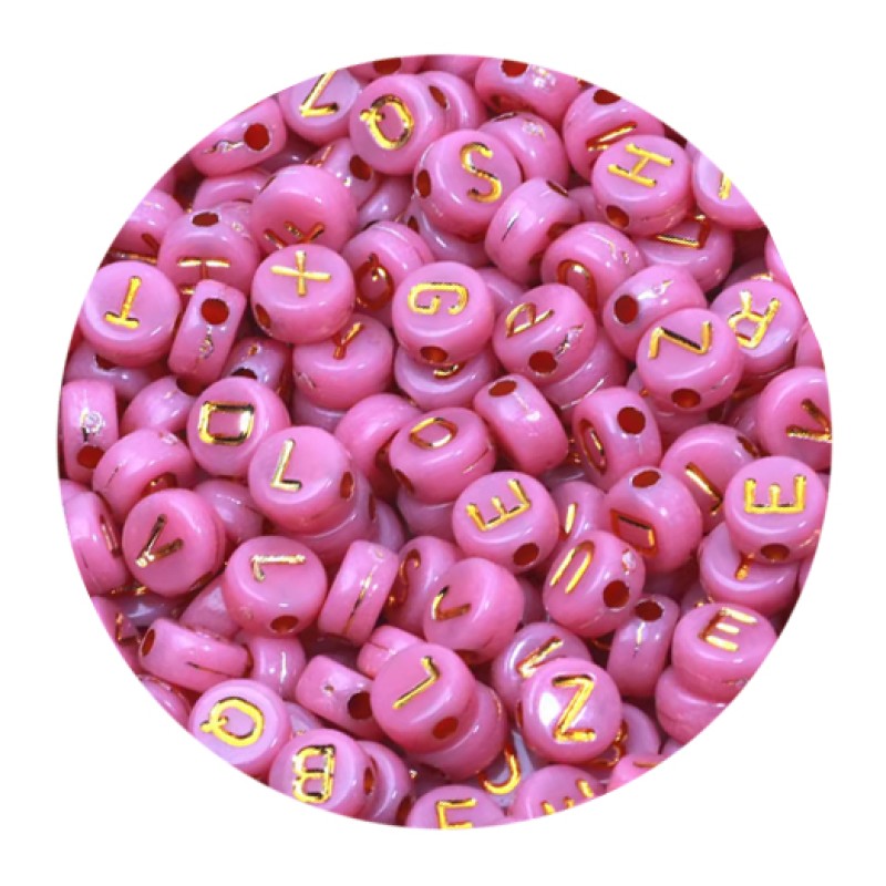 Buchstabenperlen pink mit goldener Schrift 7mm rund flach 100 Stück