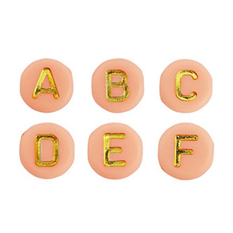Buchstabenperlen flach rund apricot mit goldener Schrift 7mm 100 Stück