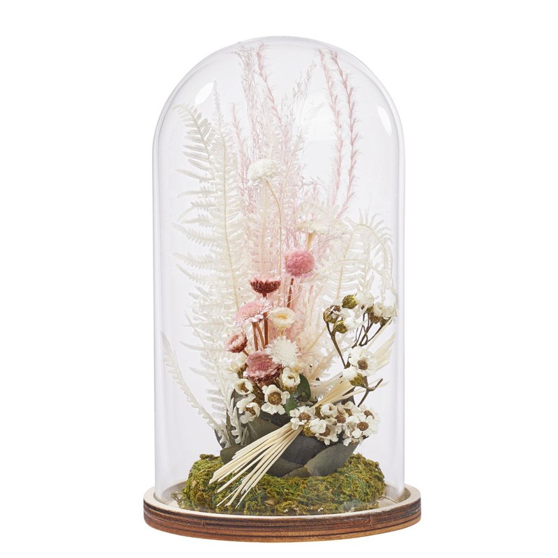 Glasglocke mit Holzboden und Trockenblumen