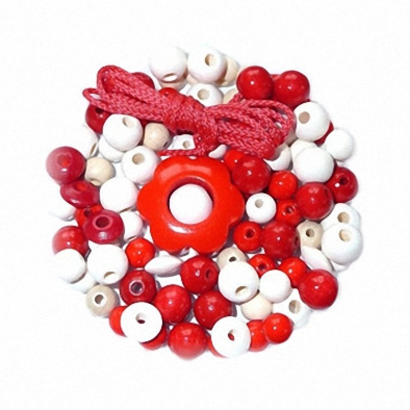 Holzperlenmischung Blume weiss-rot
