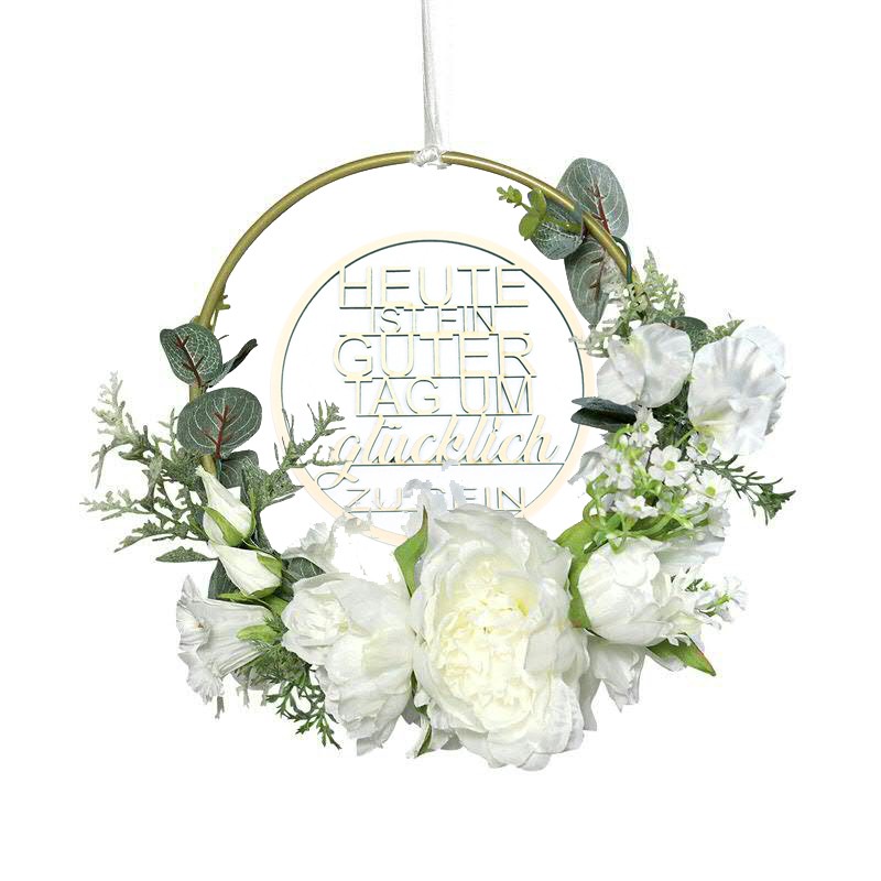 Metallring mit Holzschriftzug und blumen